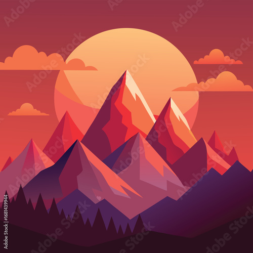 flat vector fantasy mountain range at sunset (2).eps