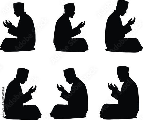 Silhouettes of Muslim men sitting and praying in traditional clothing, raising hands in dua, Islamic worship vector set illustration.