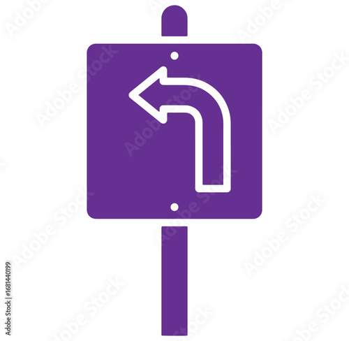 Isolated purple road sign indicating a left turn on a white background