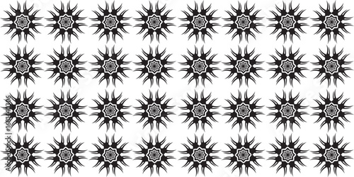 Monochromatic abstract repeating pattern of spiky starburst floral shapes.