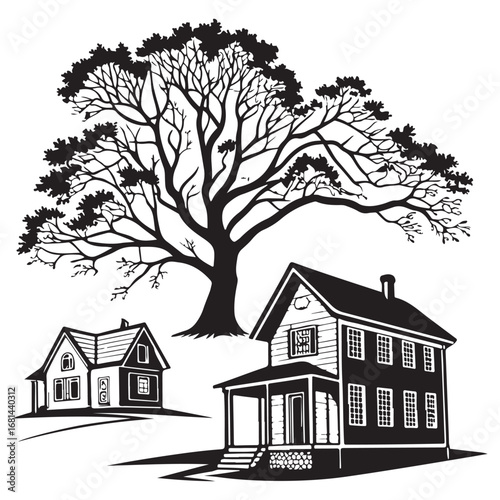 Black and white illustration of a large sprawling tree silhouette behind two charming detailed vintage houses in a rural setting