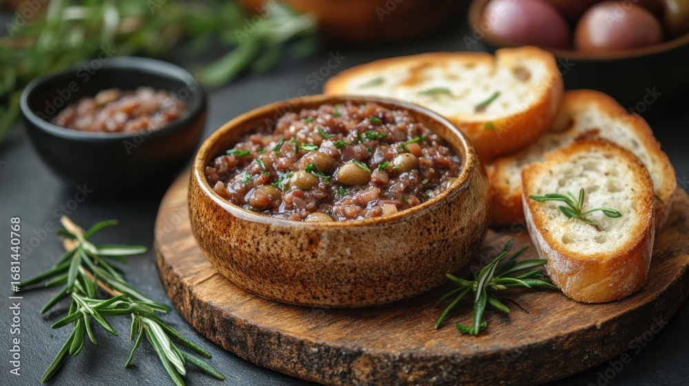 Bean Dip Bowl with Bread Slices and Rosemary on Wood Board Bean Dip Bowl with Bread Slices and Rosemary on Wood Board