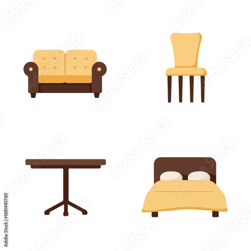 , keywords, and category for the image

 Displaying Various Furniture Items on a White Background (No Brands)