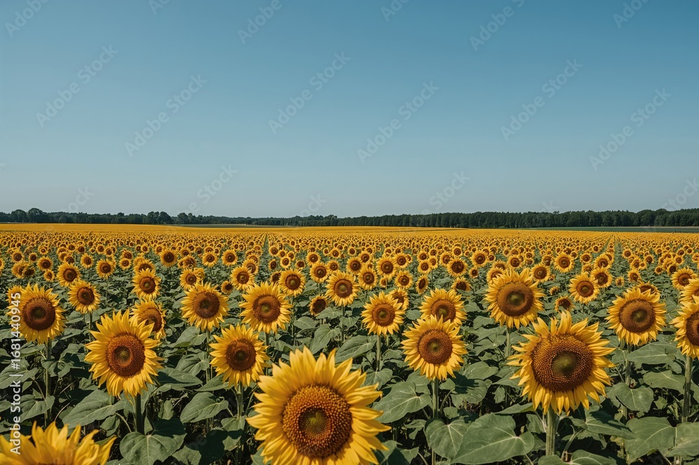 Fototapeta premium Vast sunflower plantation blooming under a clear summer sky