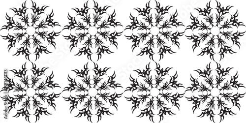 Seamless pattern of symmetrical black tribal-style mandalas with intricate flame-like details.