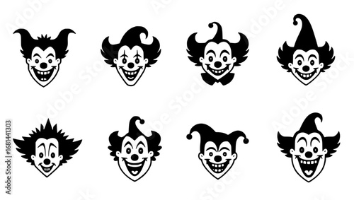 A collection of vintage clown head illustrations in black and white, ideal for evoking a sense of classic circus aesthetics. vector illustration