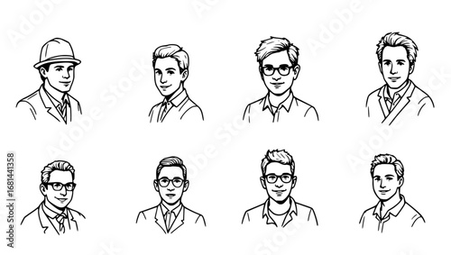 A series of black and white illustrations present diverse young men, Each portrait offering unique expressions and styles. From business to academics. vector illustration