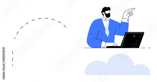 Businessman in blue attire with laptop pointing out ideas amidst a cloud icon. Ideal for technology, cloud services, remote work, leadership, innovation, strategy, growth. Simple flat metaphor