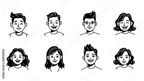 A collection of hand-drawn, stylized portraits of diverse individuals showcasing a range of emotions, from smiles to contemplative expressions. vector illustration
