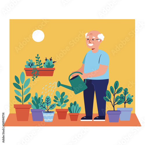 Elderly Man Watering Plants Inside on Balcony With Sun in Background Illustration