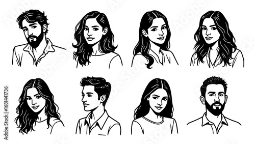 A collection of striking black and white portraits, showcasing a diverse group of individuals in a clean, elegant style. Each face tells a story. Capturing unique features with detailed lines.