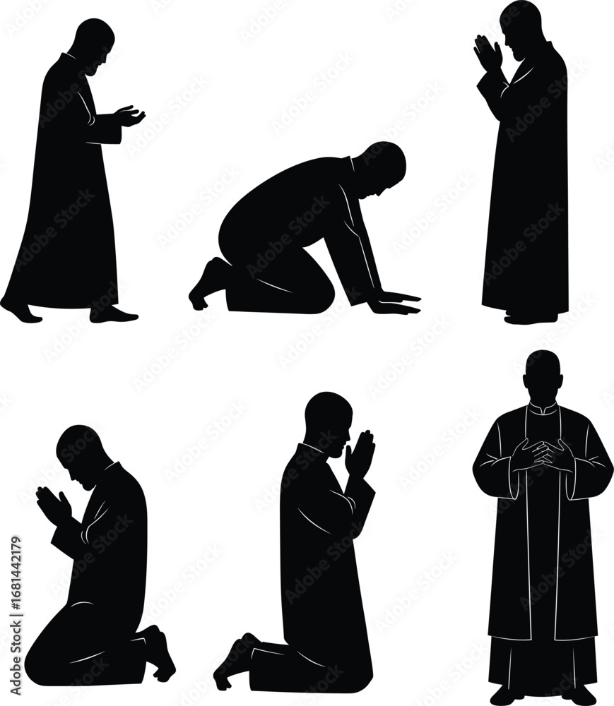 custom made wallpaper toronto digitalSilhouettes of religious men in prayer and worship poses wearing traditional robes, representing faith, devotion, spirituality, and religious practice.