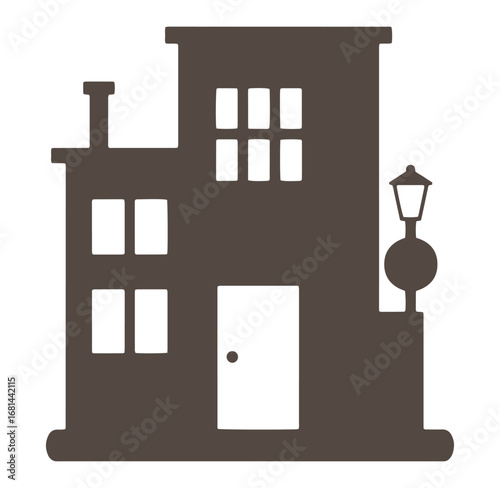 Simple illustration of a brown house with windows door chimney and a lamppost on a white background