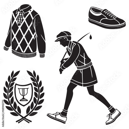 Classic golfing attire and silhouette of a golfer in action with trophy emblem and argyle sweater