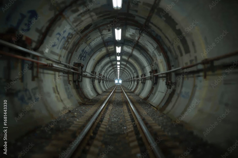 Obraz premium Engineer or technician in soft focus with blurred lighting, overseeing underground tunnel infrastructure. Transport pipeline created by Tunnel Boring Machine for electric train system