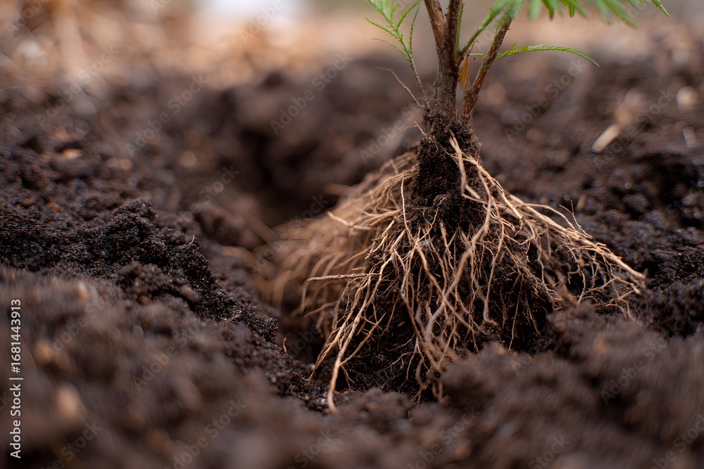 Fototapeta premium Roots of a small tree being planted in rich soil Generative AI