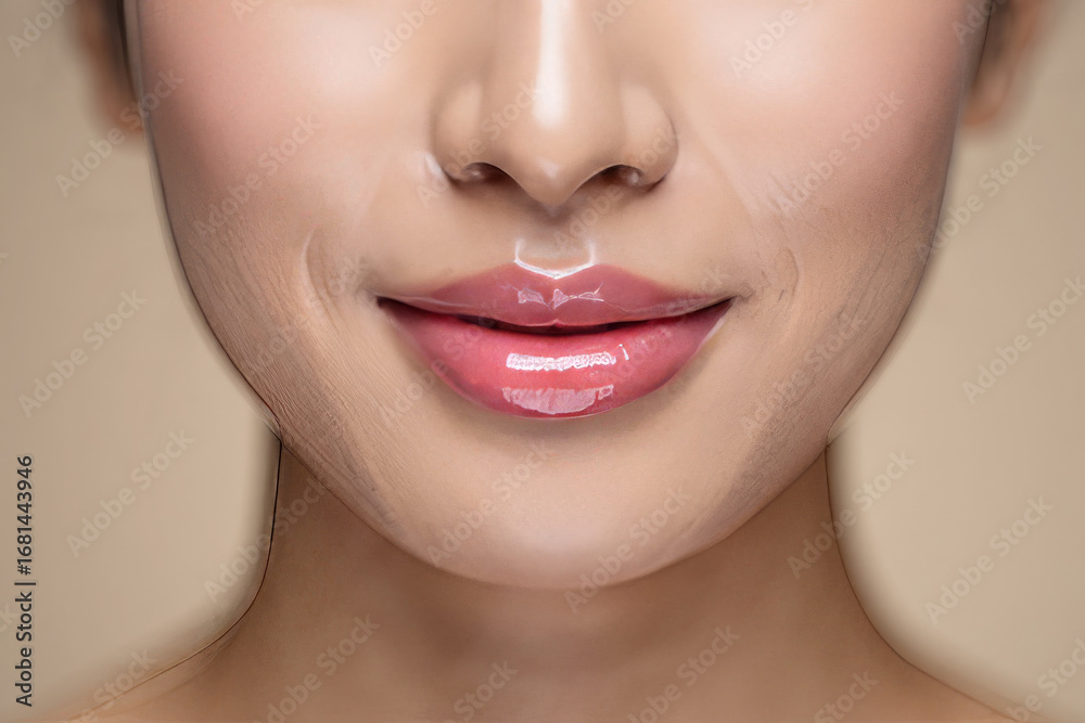 Fototapeta premium Close-up of woman's lips with glossy pink lipstick, subtle smile, soft lighting, beauty and cosmetics concept.