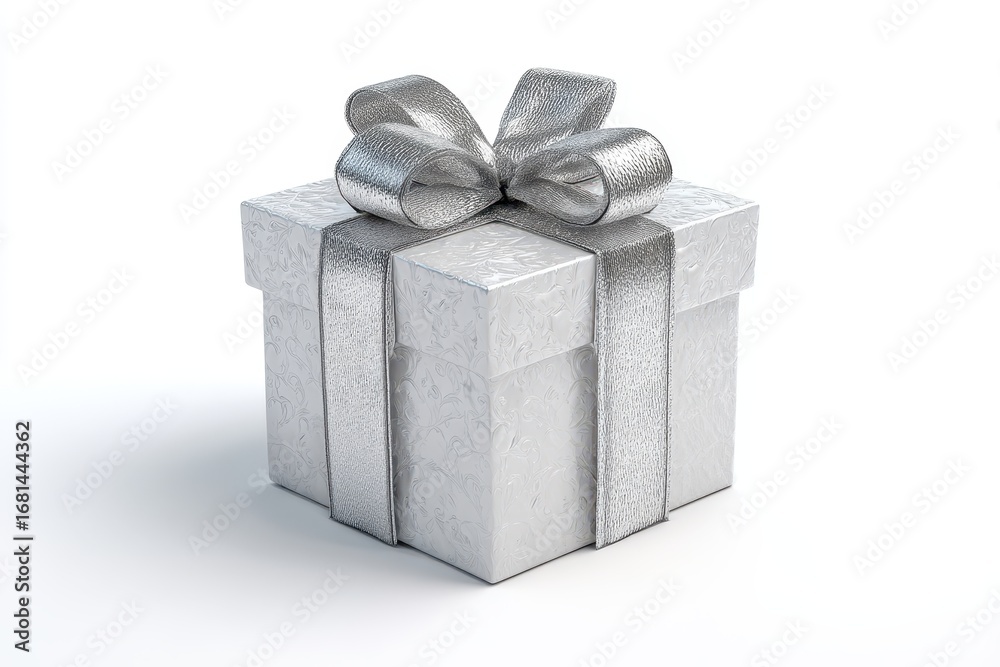Obraz premium Elegant White Gift Box with Silver Ribbon and Bow on White Background