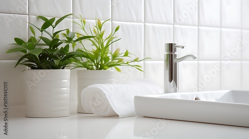 A clean, white bathroom with a square countertop sink, minimalist green plants in small ceramic pots along the white subway tile wall, soft diffused morning light, full-frame,