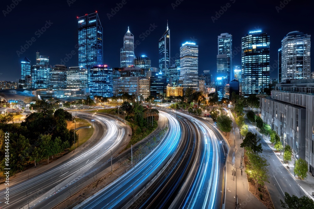 Naklejka premium Cityscape at night with light trails from traffic