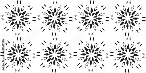 Seamless black and white pattern of abstract radial starbursts with a hand-drawn brushstroke texture.