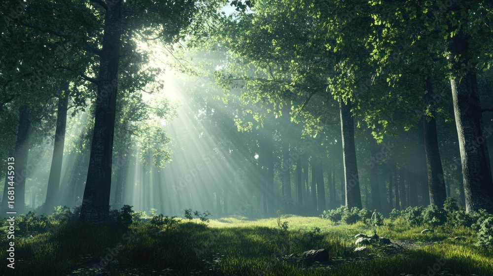 Obraz premium A Serene Forest Scene with Sunbeams Piercing Through the Lush Green Canopy