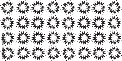 Minimalist black and white pattern of abstract spiky floral starburst shapes.