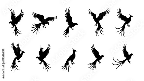 A sequence of elegant black phoenix bird silhouettes in graceful flight across a clean, expansive plane. vector illustration