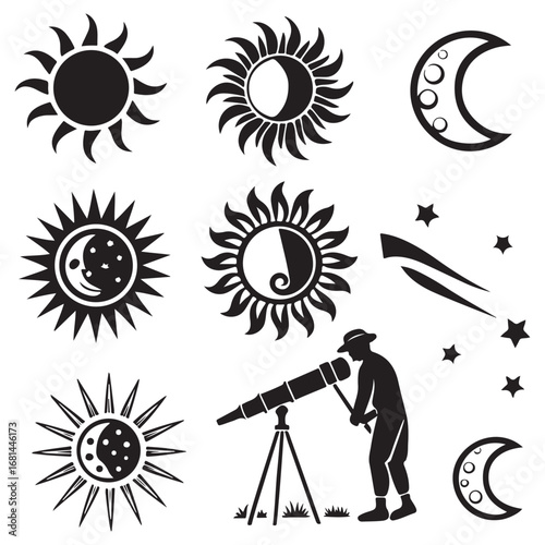 Collection of celestial body illustrations featuring suns moons stars and a silhouette of an astronomer with a telescope