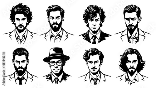 A collection of detailed monochrome portrait illustrations showcasing a range of male facial styles, from classic to contemporary, embodying artistic flair and graphic excellence.