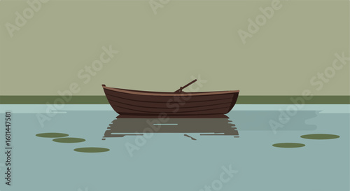 Boat floating quietly on the lake surface with lily pads around it