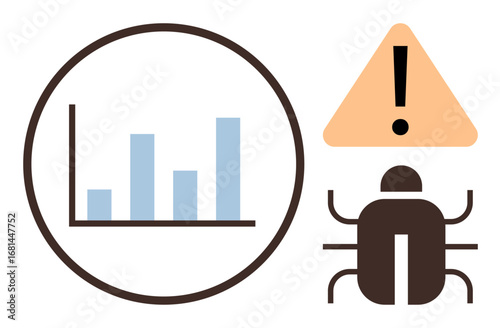 Data bar chart within circle, exclamation mark in triangle, and bug icon conveying analysis, risk, debugging, error detection. Ideal for technology, software, analytics troubleshooting security