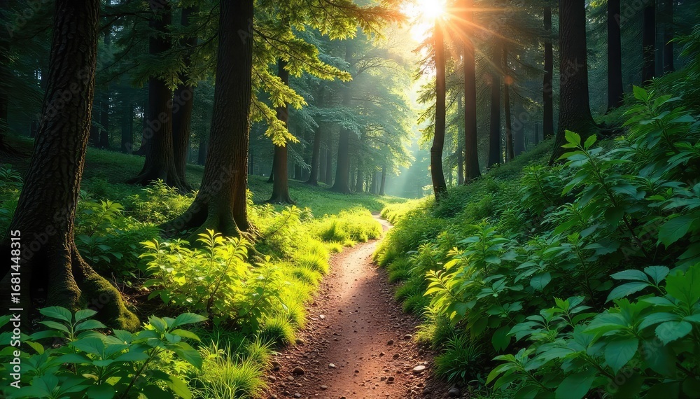 Fototapeta premium Sunlit Hiking Trail Winding Through Lush Green Forest Perfect for Adventure, Nature, and Travel Photography