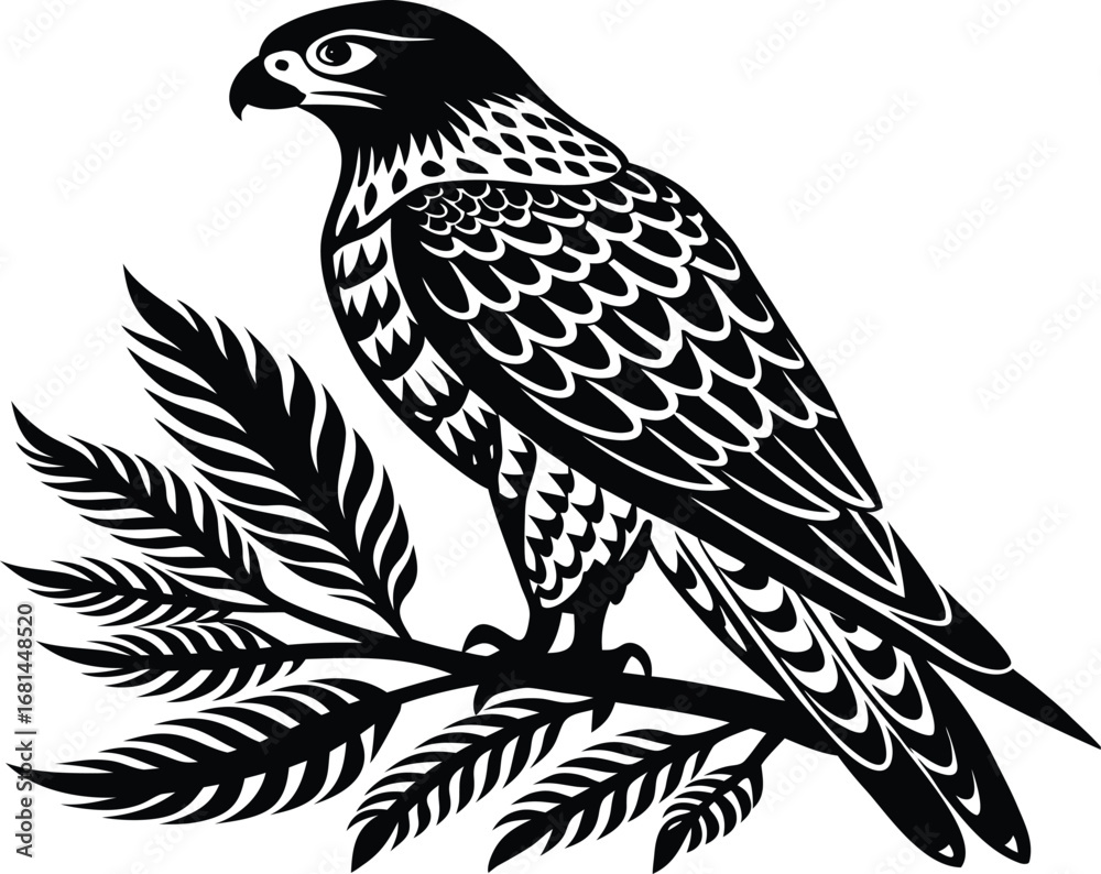 Fototapeta premium Black and white silhouette of a falcon perched on a branch.