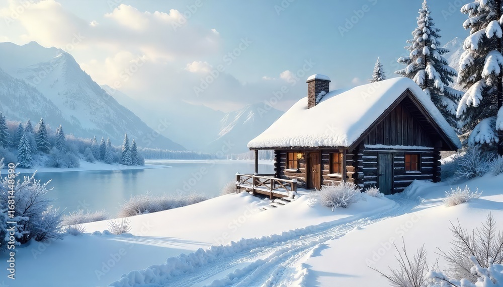 Naklejka premium Rustic Winter Cabin by Frozen Lake A Peaceful Snow-Covered Scene Perfect for Holiday Cards, Winter Wonderland Themes, and Nature Photography Projects.