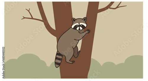 Raccoon is Climbing a Tree in the Woods