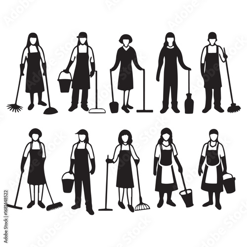 Collection of diverse silhouettes of professional cleaners with mops buckets and cleaning supplies posing confidently