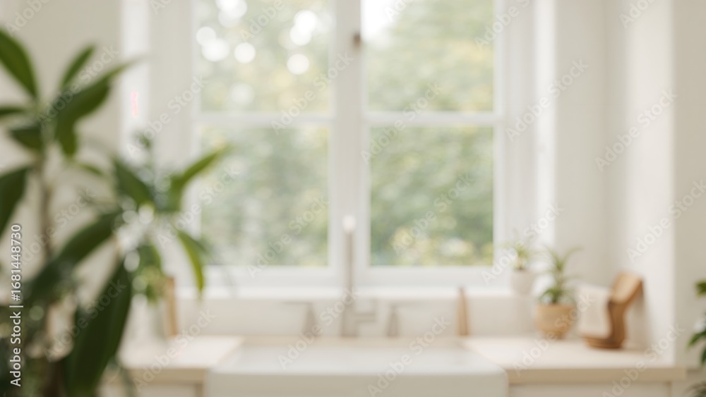 Fototapeta premium Banner set against a kitchen window with white and green tones