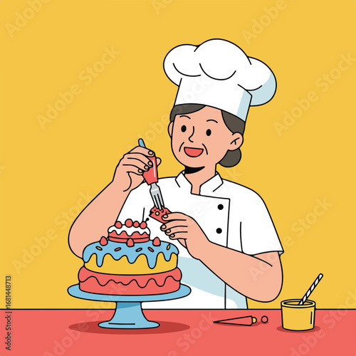 Confectioner Decorating Cake on Table
