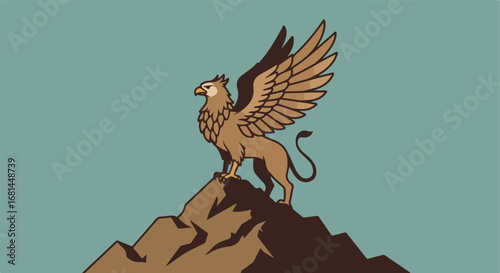 Griffin Perching Atop Rocky Peak Against Soft Blue Backdrop Illustration