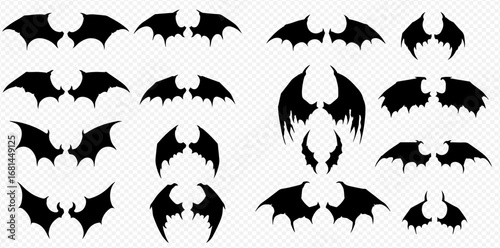 A collection of diverse black bat and demon wing silhouettes, featuring various shapes and styles for spooky or fantasy designs.