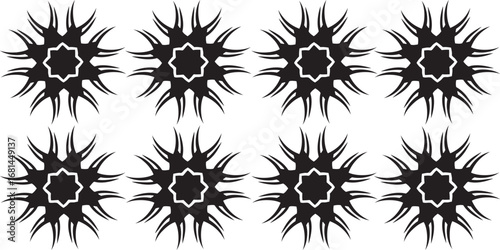 Repeating Black Starburst Pattern with Spiky Radiating Elements on White.