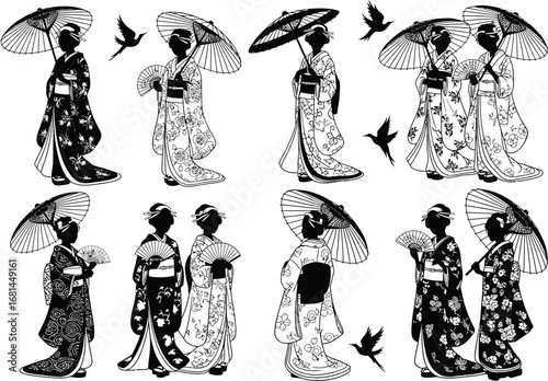Collection of japanese women in traditional kimonos holding umbrellas and accompanied by birds in a vintage illustration style