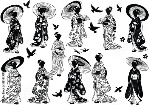 Collection of japanese women in traditional kimonos holding umbrellas and birds flying around them in a vintage style