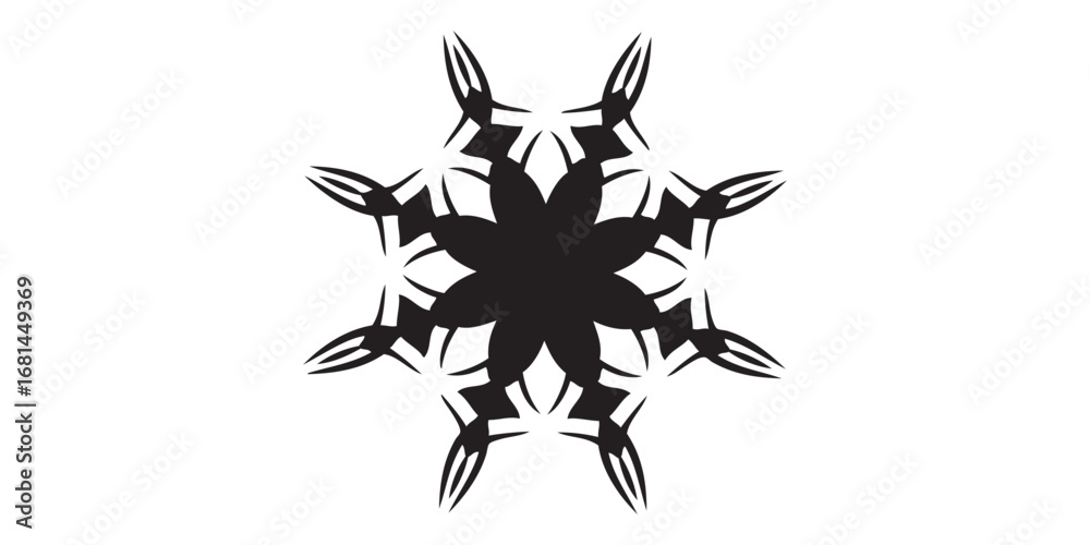 Obraz premium Intricate Black Mandala Design: Geometric Snowflake Pattern with Sharp Points and Symmetrical Structure.