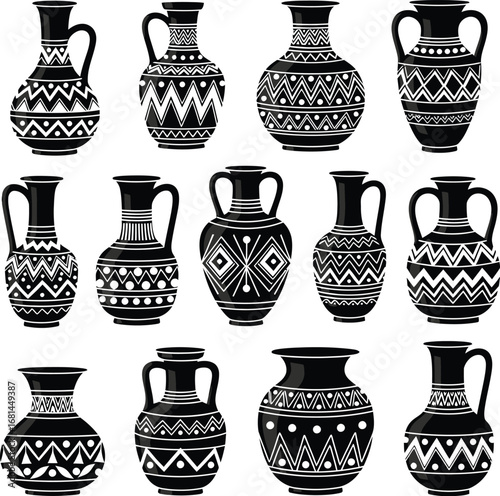 Collection of ancient greek amphorae and vases with intricate geometric patterns in black and white