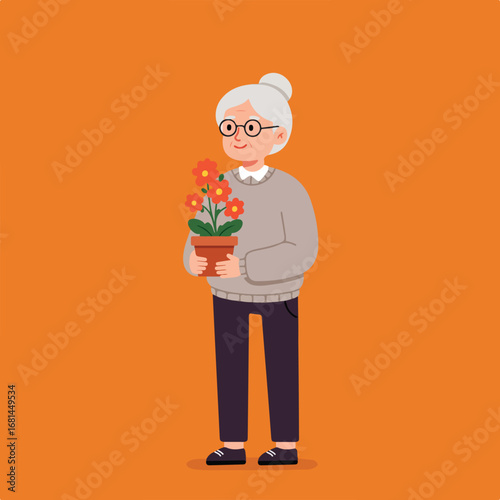 Elderly Woman Holding Potted Red Flowers on a Plain Orange Background