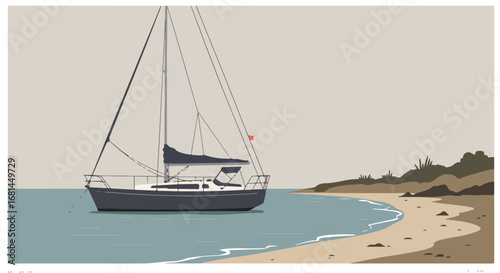 Sailing Yacht Moored near Shoreline in a Calm Bay