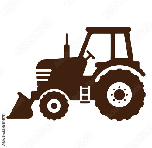 Brown silhouette of a tractor with front end loader isolated on white background