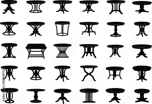 Collection of diverse black silhouette small round tables with various pedestal and leg designs on a white background